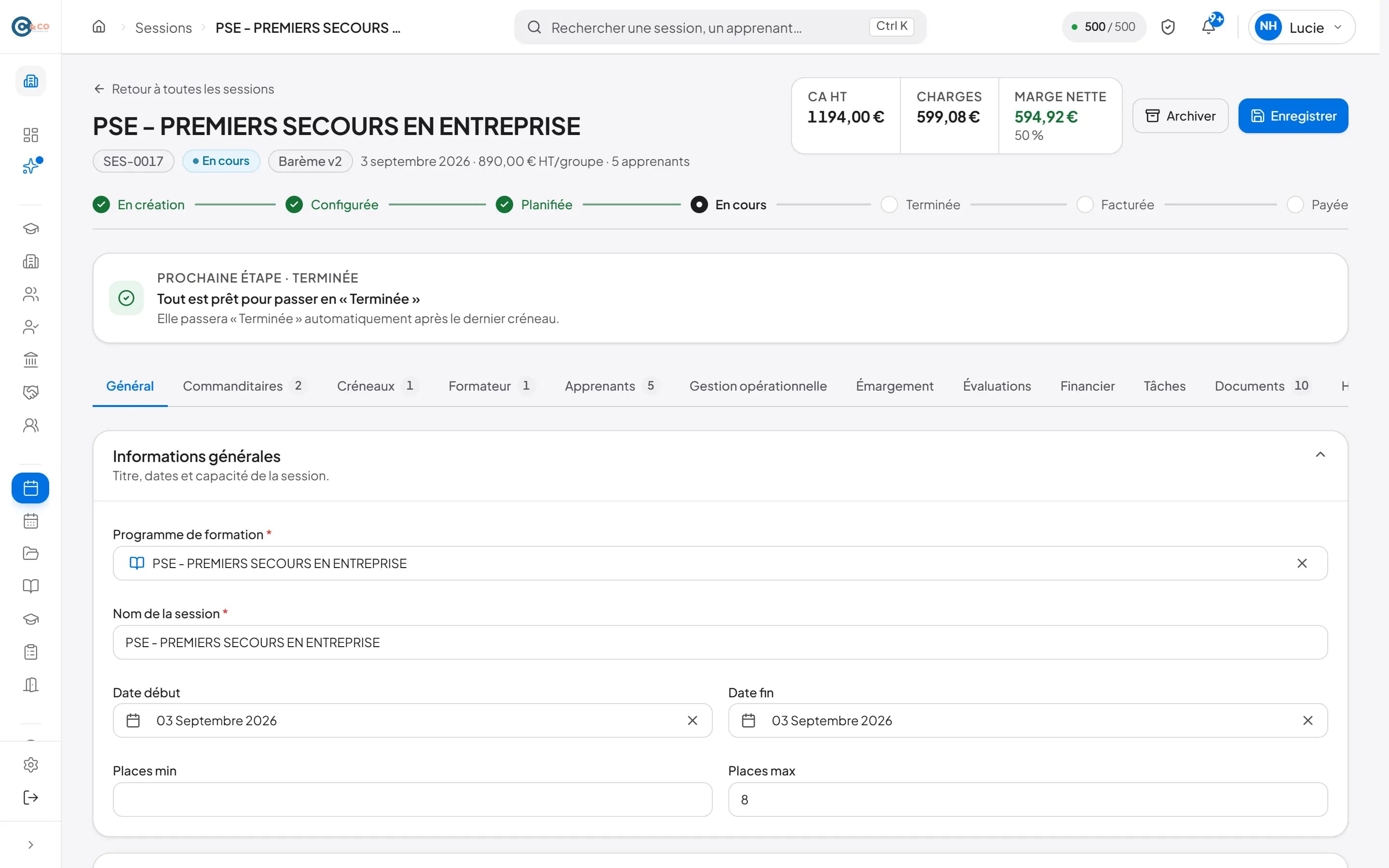 Détail d’une session et de son cycle de vie dans Solution OF