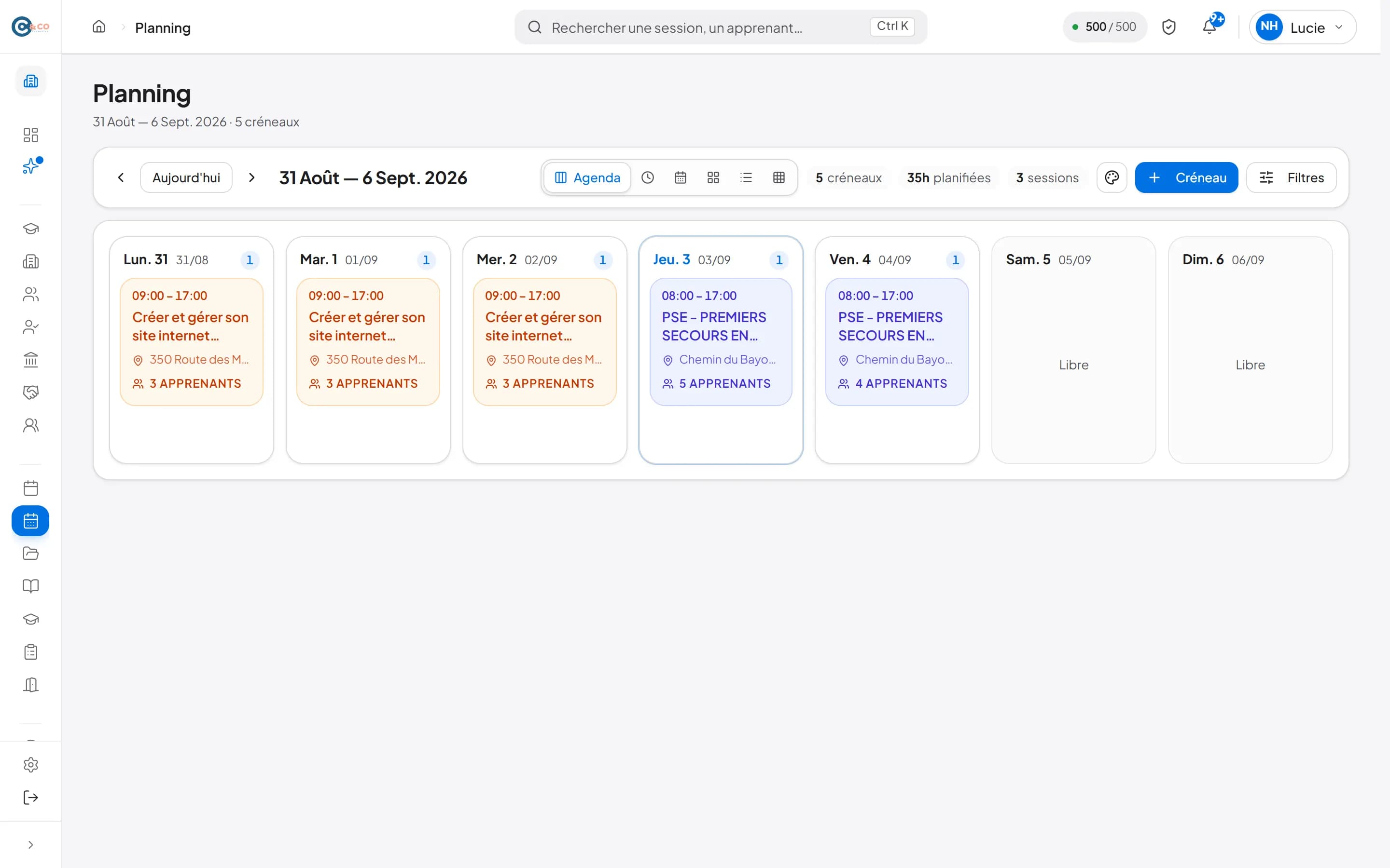 Sessions et planning dans Solution OF