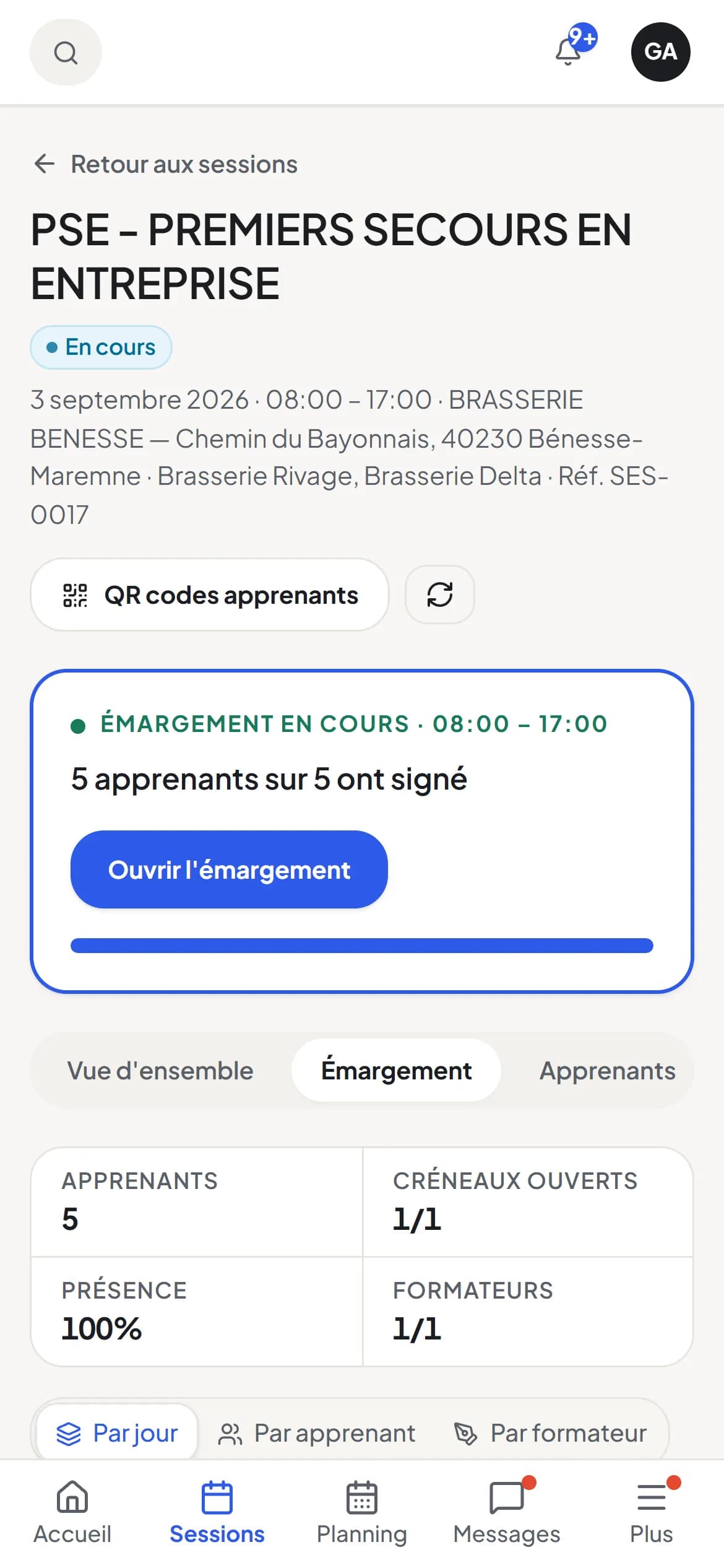 Espace formateur · émargement sur téléphone