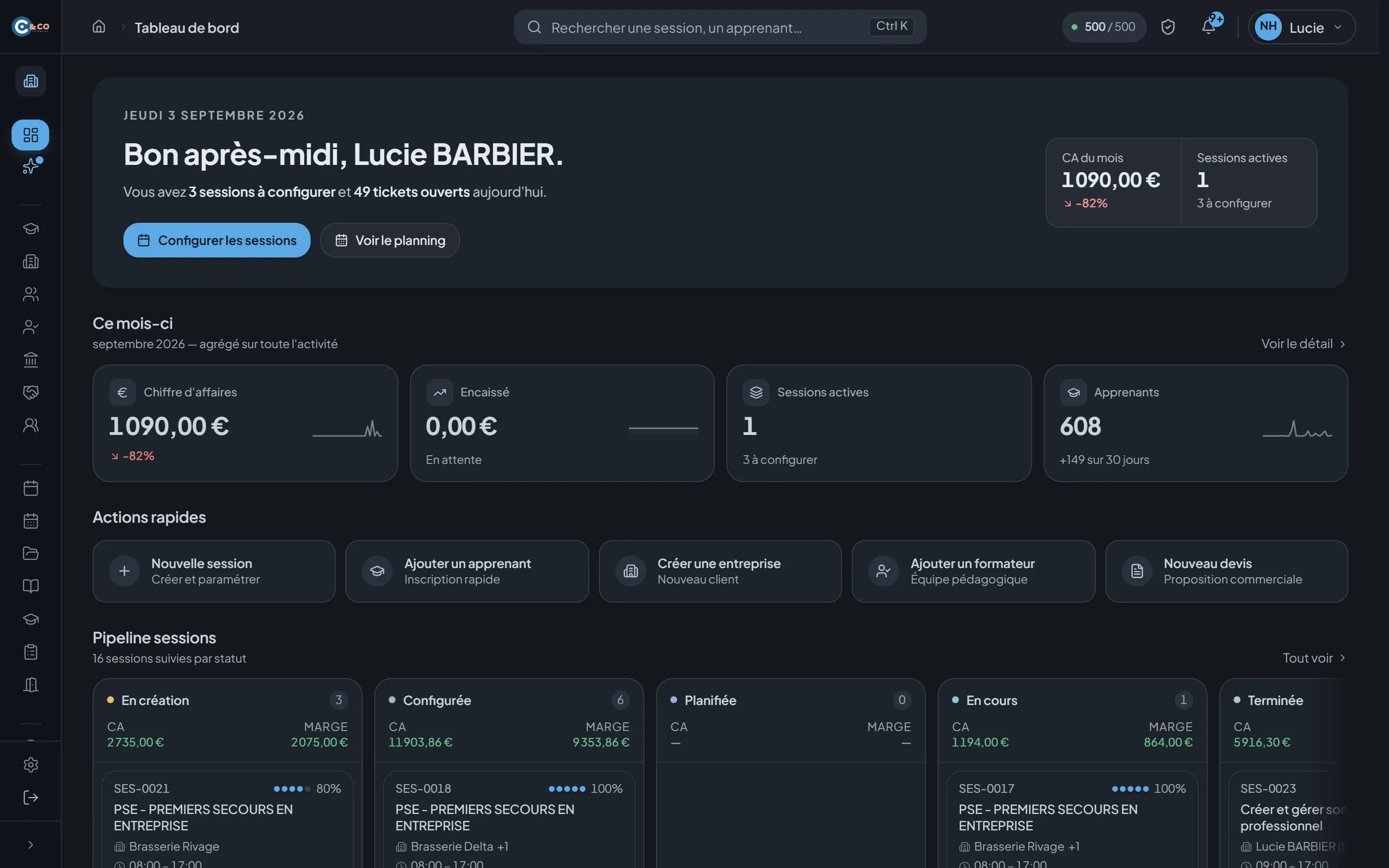 Tableau de bord de l'application
