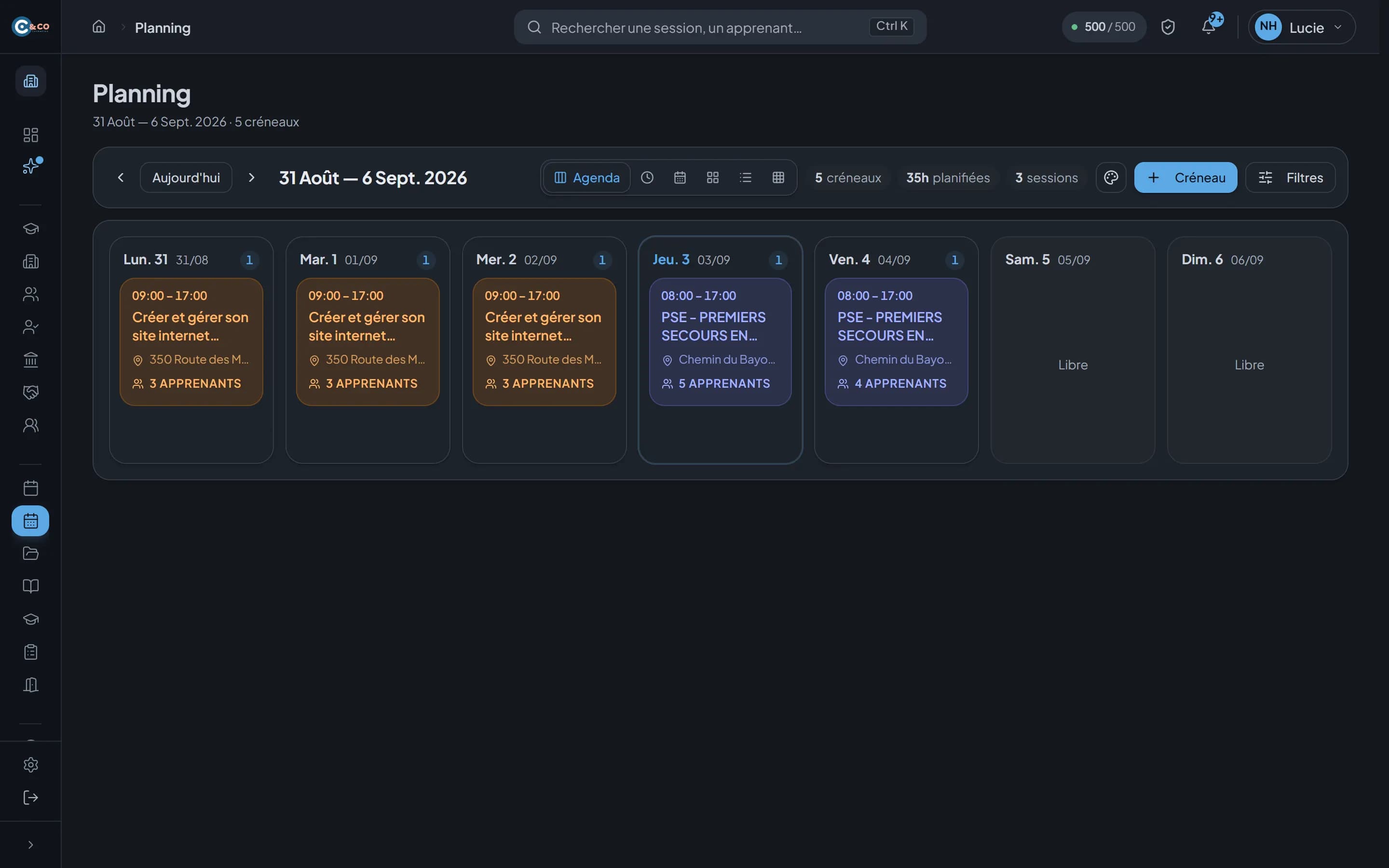 Planning des sessions