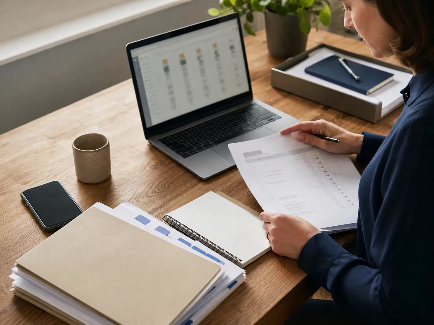 Responsable qualité relisant la liste des indicateurs Qualiopi, ordinateur et dossiers de session sur le bureau