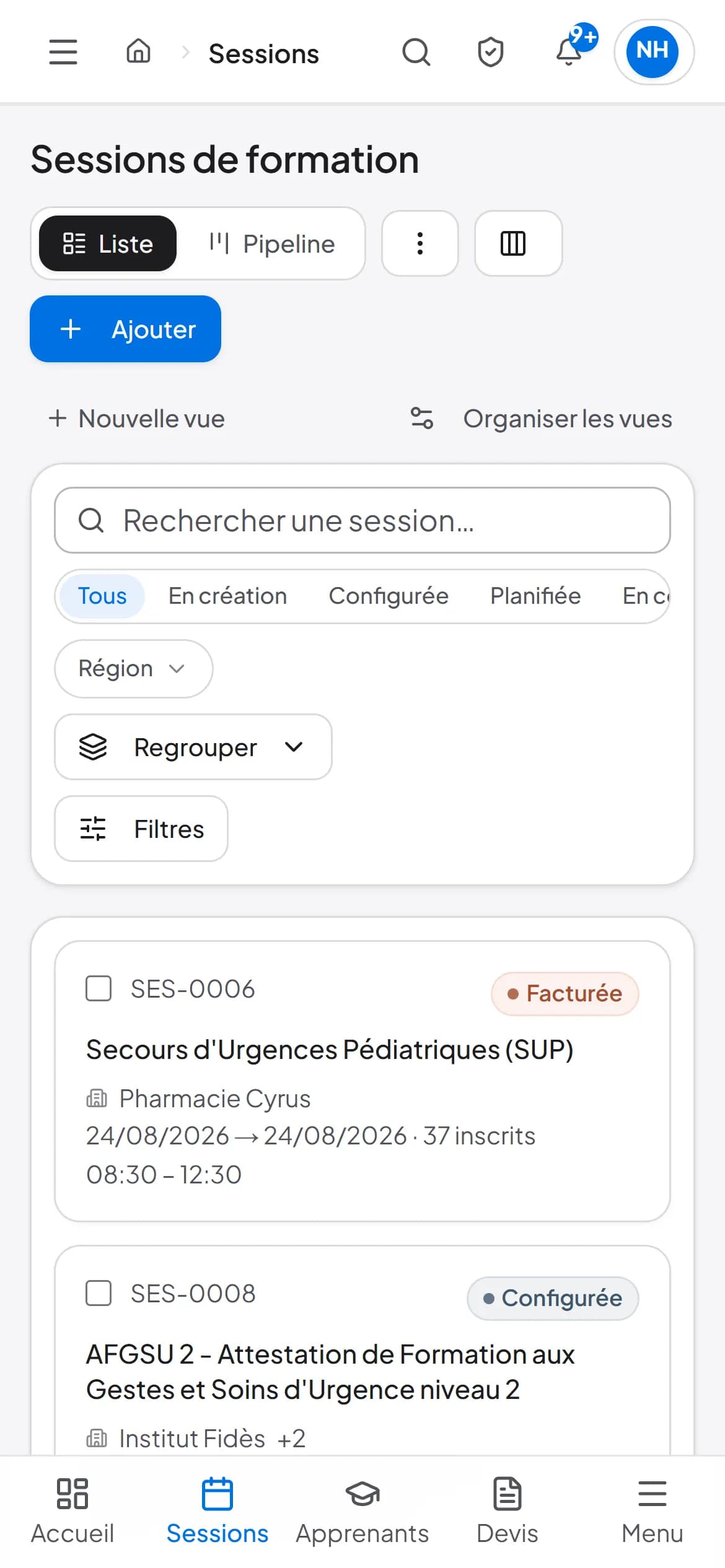 Liste des sessions sur téléphone