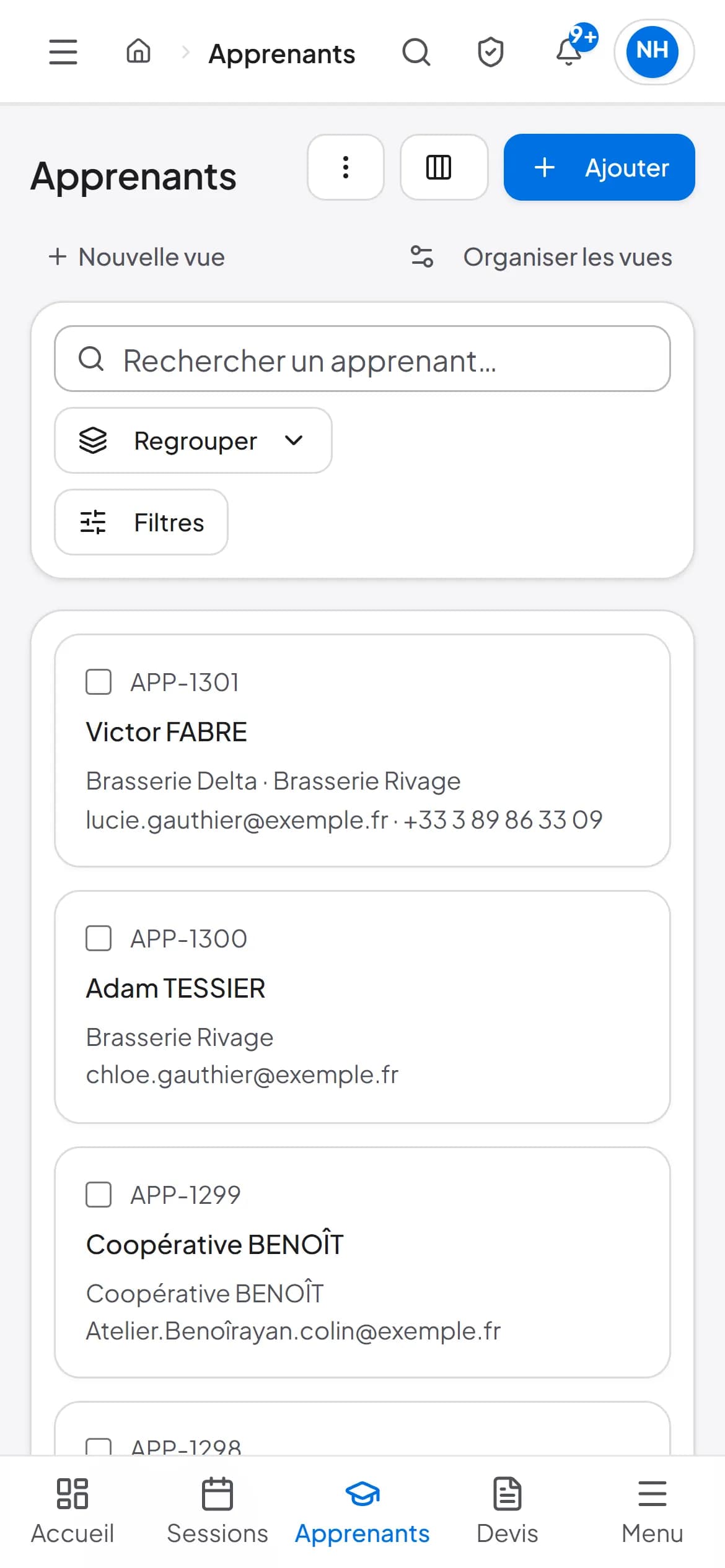 Liste des apprenants sur téléphone