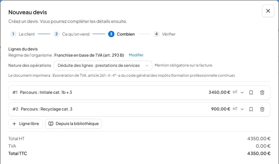 Étape de chiffrage d’un devis avec une ligne par parcours